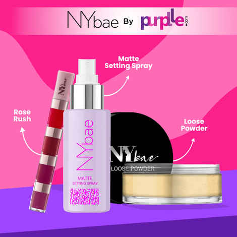NY Bae Face & Lip Makeup Combo | Banana Loose Powder (5.8 gm) | Matte Setting Spray (60 ml) | 4 In 1 Lip Play Liquid Lipstick Rose Rush (4 ml)