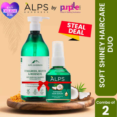 Buy Alps Goodness Soft Shiny Haircare Duo with Antihairfall Shampoo with Fenugreek, Biotin & Redensyl & Softening Hair Serum with Coconut, Argan Oil & Vitamin E (Pack of 2) | Soft Shiny Hair | No Frizz | Mild Cleansing | No Sulphates or Parabens - Purplle