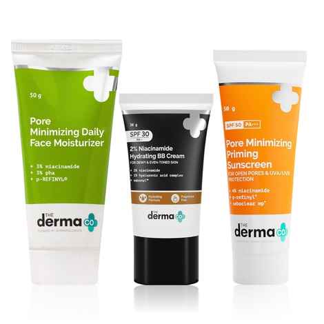 Buy The Derma co. Radiant Glow Combo (Pore Minimizing Priming Sunscreen-50 gm + Pore Minimizing Daily Face Moisturizer-50 gm + 2% Niacinamide Hydrating BB Cream) - Purplle