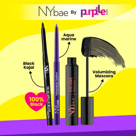 Buy NY Bae All About Eyes Combo | Volumizing Mascara (8 ml) | Waterproof Holographic Eyeliner - Aquamarine (0.25 gm) | Smudgeproof Black Kajal (0.30 gm) | Long Lasting Eye Makeup | Makeup Kits Combo of 3 - Purplle