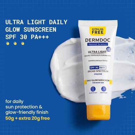 DERMDOC SPF 30 Ultra Light Daily Glow Sunscreen (50 gm) | PA+++ | Sunblock | Lightweight | Non-Greasy | 0 White Cast | Non-Comedogenic