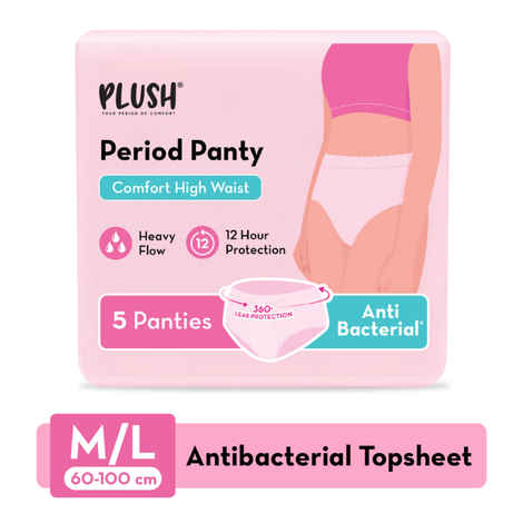 Buy Plush Anti-Bacterial High Waist Sanitary Period Panties for Women | Size M/L (60-100cm) | 12 Hour Leak Protection | 5 Pcs - Purplle
