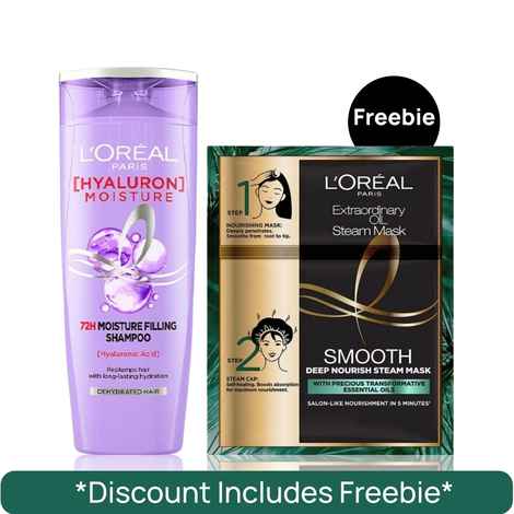 Buy L'Oreal Paris Supreme Hydration Shampoo & Silk Mask Kit (Hyaluron Moisture 72H Moisture Filling Shampoo 340 ml + Steam Mask (Paraben Free) 20ml + 40 gm) - Purplle