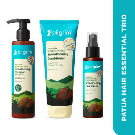 Buy Pilgrim Patua Hair Essential Trio | Smoothening Shampoo | Conditioner | Serum for Frizz-Free Nourished Hair | Sulfate-Free | 200 ml + 200 ml + 100 ml, Combo of 3, Skincare Kit - Purplle