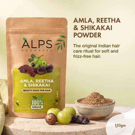 Alps Goodness Amla Reetha & Shikakai Powder 150 gm| 100% Natural Powder | No Chemicals, No Preservatives, No Pesticides | Promotes Hair Growth| Hair Mask | Strenghtens Hair | For silky smooth hair