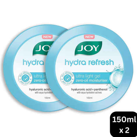 Buy Joy Hydra Refresh Ultra-Light Gel | 48 Hours Hydration | Oil Free Moisturiser | with Hyaluronic Acid | Super Light Gel for Oily, Dry & Combination Skin | For Face & Body, (150 ml x 2) - Purplle