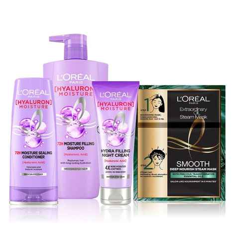 Buy L'Oreal Paris Hyaluron 72HR Hydration Haircare Kit (Shampoo 1000 ml + Conditioner 180 ml + Night Cream 180 ml + Hairmask ) - Purplle