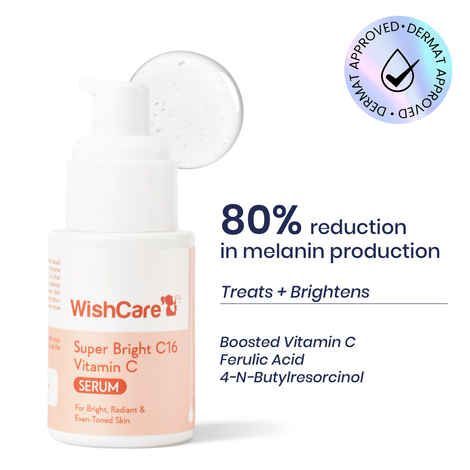 WishCare Super Bright C16 Vitamin C Face Serum|Dermat Approved|Brightens Dull Skin, Fades Pigmentation|For Dull & Damaged Skin|Treats Acne Scars, Dark Spots and Melasma|Reverses Sun Damage|For Women & Men|30 ml
