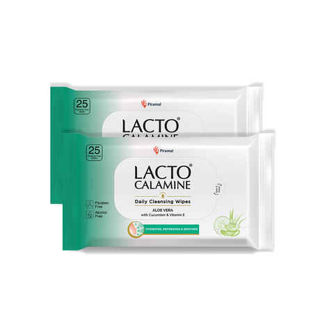 Buy Lacto Calamine Daily Cleansing Face Wipes (25N each)-Pack of 2 | Makeup Remover Wipes | Wet Tissue for Face with Aloe Vera, Cucumber & Vitamin E | Wet Wipes for Women & Men | Paraben & Alcohol Free - Purplle