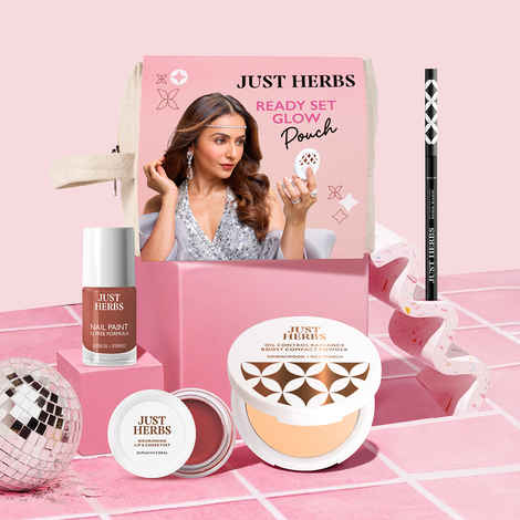 Buy Just Herbs Ready Set Glow Pouch - Compact (ivory), Deep Black Kajal, Lip & Cheek tint, Nail Polish - Sweet Gingerbread Combo of 4 - Purplle
