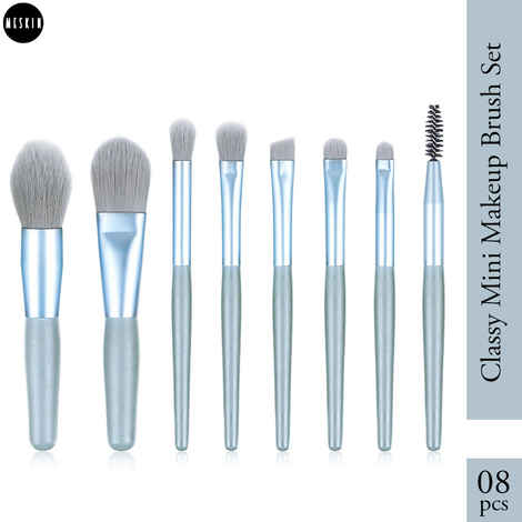 MeSkin Eight pcs Classy Mini Makeup Brush Set with Storage Pouch (Available in asorted colors) Pack of 8