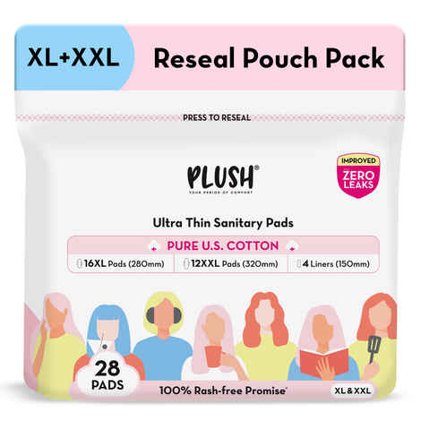 Plush Ultra-Thin Sanitary Pads For Women, 28 Cotton Sanitary Napkins | 12 Heavy Flow XXL pads + 16 Medium Flow XL pads + 4 Panty Liners For Rash Free Periods | Pure U.S. Cotton Pads With Re-sealable Pouch