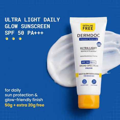 DERMDOC SPF 50 Ultra Light Daily Glow Sunscreen (50 gm) | PA+++ | Sunblock | Lightweight | Non-Greasy | 0 White Cast | Non-Comedogenic