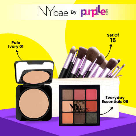 Buy NY Bae x Purplle Face & Eye Palette & Brush set | NY Bae Runway Radiance Compact Powder - Pale Ivory 01 (9 gm) | NY Bae Eye Love Eyeshadow Palette - Everyday Essentials 06 (9 gm) - 9 In 1 Palette | Purplle Wonder Woman Brush Kit (15set) - Purplle