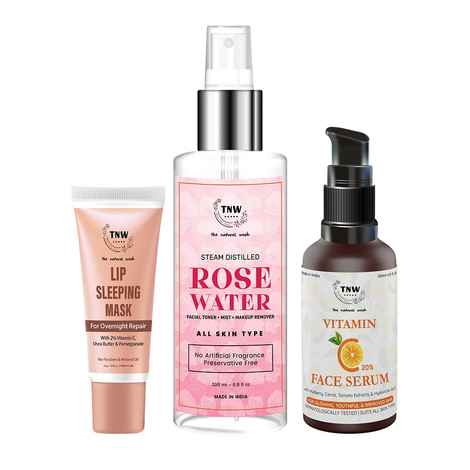 Buy Combo of 3- Vitamin C Face Serum 30ml + Rose Water Spray Bottle 200ml + Lip Sleeping Mask 10g - Purplle