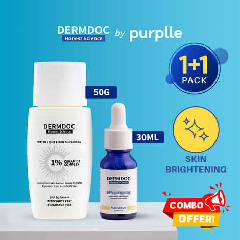 Buy DERMDOC Daily Defense Duo | 10% Niacinamide Face Serum (30 ml) | 1% Ceramide Complex Water Light Fluid Sunscreen SPF 50 PA ++++ (50 gm) Combo of 2 - Purplle