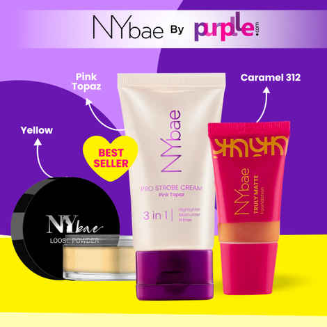 NY Bae Prep-Cover-Set Combo (Deep Skin) | Pink Topaz Strobe Cream (30 gm) | SPF 50 Matte Foundation - Caramel 312 (18 ml) | Banana Loose Powder (5.8 gm) | Korean Glow | Smudgeproof | Waterproof | Makeup Kit
