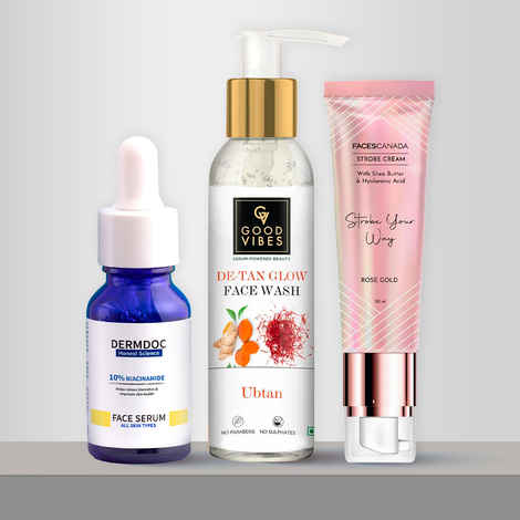 Buy Good Vibes x NY Bae Fresh Glow Combo 1 (Good Vibes Rosehip Radiant Glow Face Serum (10 ml) + Good Vibes Ubtan De Tan Glow Face Wash (120 ml) + NY Bae PRO Strobe Cream Pink Topaz (12 gm) - Purplle