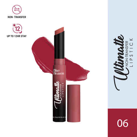 Blue Heaven Ultimatte NonTransfer lipstick for women|Enriched with Shea Butter & Vitamin E| Matte Finish, Smudge Proof & Waterproof Long Lasting Lipstick Upto 12Hrs| 2.2 gm | 06 Pink