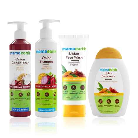 Buy Mamaearth Bath Essential kit (Onion Hair Fall Shampoo (250 ml)+ Onion Conditioner (250 ml) + Ubtan Facewash (100 ml) + Ubtan Body wash (300 ml)) - Purplle