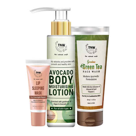 Buy Combo of 3- Green Tea Face Wash 100ml + Body Lotion Avocado 100ml + Lip Sleeping Mask 10g - Purplle