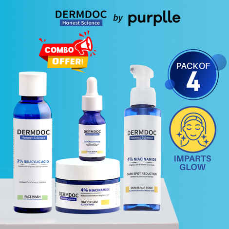 Buy DERMDOC by Purplle Bright & Clear Skin Combo | 10% Niacinamide Serum (15 ml) | 4% Niacinamide Skin Repair Tonic Spray (100 ml) | 2% Salicylic Acid Face Wash (120 ml) | 4% Niacinamide Face Cream (50 gm) - Purplle