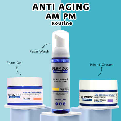 DERMDOC Anti Aging AM PM Routine: 1% Niacinamide & 0.5% Vitamin C Gentle Foaming Face Wash (80 ml) + Hydrolyzed Collagen Face Gel (50g) + Retinol Night Cream (25g)