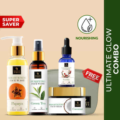 Buy Good Vibes Ultimate Glow Combo Kit (Papaya Face Wash (120ml), Rosehip Serum (10ml), Green Tea Toner (120ml), Coconut Cream (50g) with free pouch - Purplle