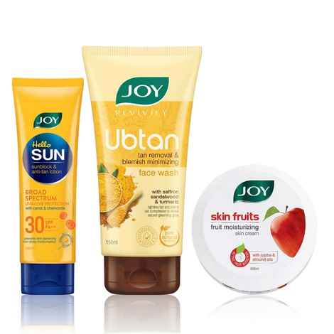 Buy Joy Radiant Skin Combo: Joy Revivify Ubtan Face Wash 150 ml+ Joy Skin Fruits Moisturizing Skin Cream 500 ml+ Joy Hello Sun Sunblock and Anti Tan Lotion Sunscreen SPF 30 PA++, 120 ml - Purplle