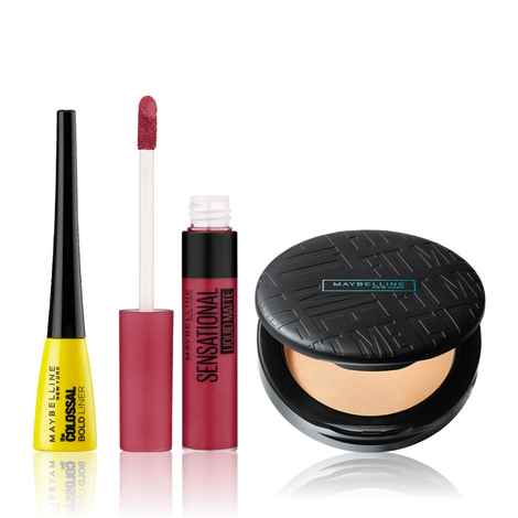 Buy Maybelline NewYork Chic & Charming Essentials Kit 1 |Fit Me Compact 128 (6g) | Fit Me Liquid Foundation 128(18ml) | Colossal Mascara Black (10 g) |Colossal Eyeliner Black(3g) |Sensational Liquid Lipstick 24 Touch Of Spice (7 ml) - Purplle