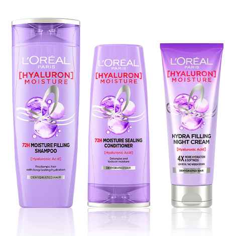 Buy L'Oreal Paris Hyaluron Ultimate Hydra Filling Regime -Shampoo 340ml + Conditioner 180 ml + Night Cream 180 ml - Purplle
