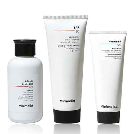 Buy Minimalist CMS routine combo(Salicylic Acid + LHA 02% Cleanser 100 ml + 10% Vitamin B5 Oil Free Moisturizer 30 gm + SPF 50 Sunscreen with niacinamide 50 gm) - Purplle