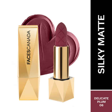 FACES CANADA Comfy Silk Obsession Lipstick - Delicate Plum 06, 4 gm| Creamy Matte Finish | Highly Pigmented | 8 Hours Long Stay | Luxurious & Elegant | Glides Effortlessly | Silky Smooth Texture | Hydrating Lips