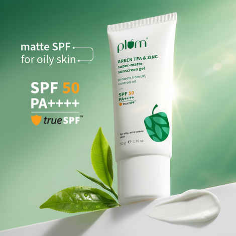 Buy Plum Green Tea & Zinc Super-Matte Sunscreen Gel | SPF 50 PA ++++, Formulated For Oily Skin | Protects & Controls Oil | Lightweight Gel Texture | No White Cast & Non-sticky | With Hybrid Filters |Fragrance-Free | 100% Vegan | 50 gm - Purplle