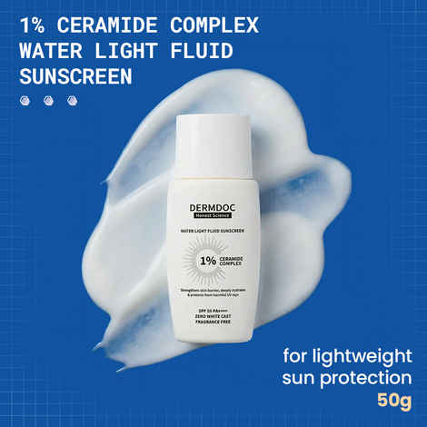Buy DERMDOC SPF 50 1% Ceramide Complex Water Light Fluid Sunscreen (50 gm) | PA++++ | Sunblock | Lightweight | Non-Sticky I No White Cast | Non-Comedogenic | Suitable for Dry Skin - Purplle