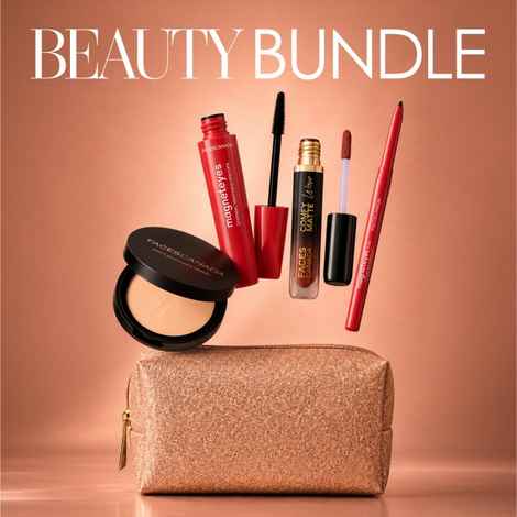 Buy FACES CANADA Beauty Bundle | Magneteyes Kajal (0.35 gm) + Magneteyes Mascara (9.5 ml) + Comfy Matte Wow Lipstick - Choco Couture 01 (3.8 ml) + Weighless Compact Powder - Natural 02 (9 gm) + 1 Glittery Pouch - Purplle