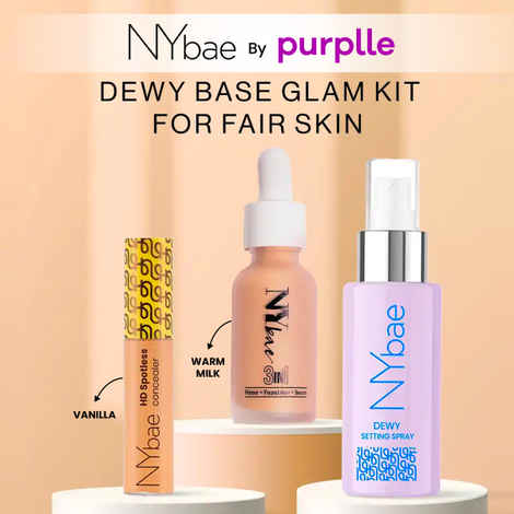 NY Bae Dewy Base Glam Kit for Fair Skin (Spotless Concealer - Vanilla (11gm) + 3 in 1 Serum Foundation - Warm Milk (30 ml) + Dewy Setting Spray (60 ml)