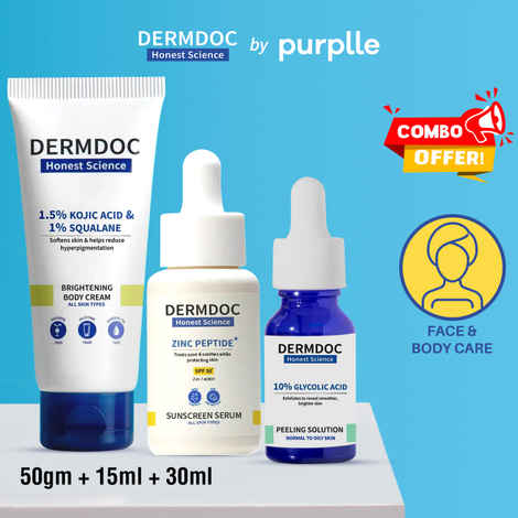 DERMDOC Ultimate Exfoliate & Protect Kit for Skin & Body (Combo of 3) | 10% Glycolic Acid Peeling Solution (15ml) | 1.5% Kojic Acid & 1% Squalene Brightening Body Cream (50 gm) | Zinc Peptides* Sunscreen Serum SPF 30 (30 ml)