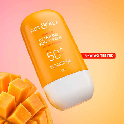 Buy Dot & Key Mango Detan Gel Sunscreen SPF 50+ PA+++ In-Vivo Tested Sunscreen with Alpha-Arbutin & Niacinamide, Controls Tanning, 120 Minutes Water Resistant- 80 gm - Purplle