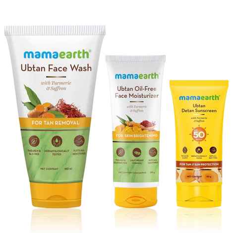 Buy Mamaearth Ubtan Glow Trio - Ubtan Face Wash (150 ml) + Ubtan Oil-Free Moisturizer (80 ml) + Ubtan Detan Sunscreen (50 gm) Combo of 3 - Purplle