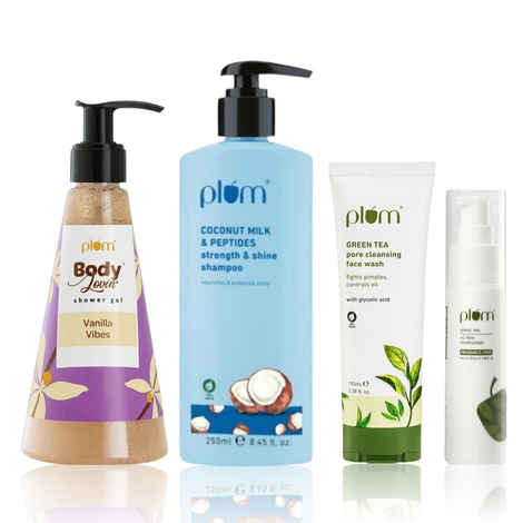 Buy Plum Everyday All in One Essentials Kit : Coconut Milk & Peptides Shampoo (250 ml) + BodyLovin' Vanilla Vibes Body Wash (240ml) + Green Tea Face Wash (100 ml) + Green Tea Moisturizer (50 ml) - Purplle