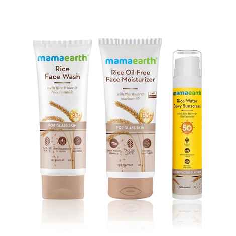 Buy Mamaearth Glass Skin Essentials Combo: Rice Face Wash (100 ml) + Rice Oil-Free Face Moisturizer (80 gm) + Rice Water Dewy Sunscreen (50 gm) - Purplle