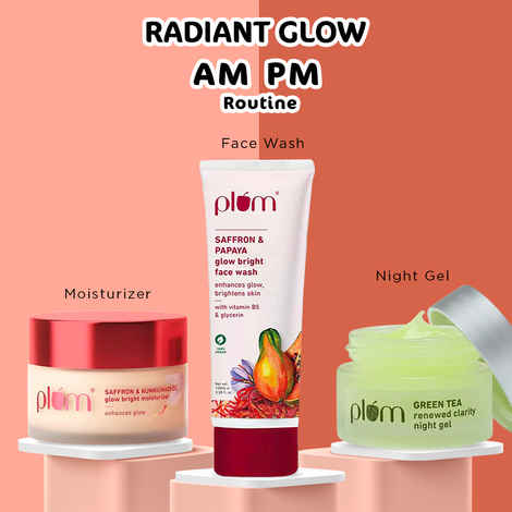 Buy Plum Radiant Glow AM PM Routine: Saffron & Papaya Gel Face Wash (100 ml) + Saffron & Kumkumadi Oil Moisturizer (50 gm) + Green Tea Night Gel (50 ml) - Purplle