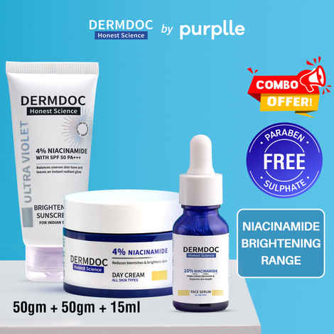 DERMDOC Niacinamide Brightening Range (Combo of 3) | 10% Niacinamide Face Serum (15 ml) | 4% Niacinamide Ultra Violet Brightening Sunscreen SPF 50 PA+++ | 4% Niacinamide Face Cream for Clear & Bright Skin (50 gm)