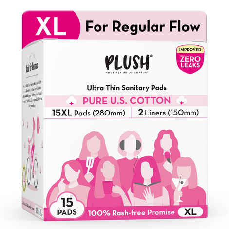 Buy PLUSH Ultra-Thin Extra Large Sanitary Pads for Women, 15 Pcs | For Light-Medium Flow | 2 Panty Liners | 100% Rash-Free | Pure U.S. Cotton Sanitary Napkins - Purplle