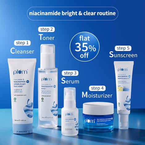 Buy Plum Niacinamide complete Routine (Face Wash 100 ml + Toner 150 ml + Sunscreen 50 gm + Moisturizer 50 gm + Serum 15 ml) - Purplle