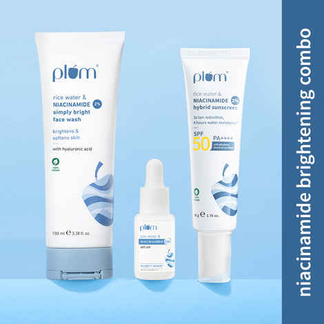 Buy Plum Daily Glow Trio - 2% Niacinamide Face Wash With Rice Water - 100 ml + 2% Niacinamide Sunscreen SPF 50 PA+++ With Rice Water - 50 gm + 10% Niacinamide Face Serum with Rice Water 15 ml - Purplle