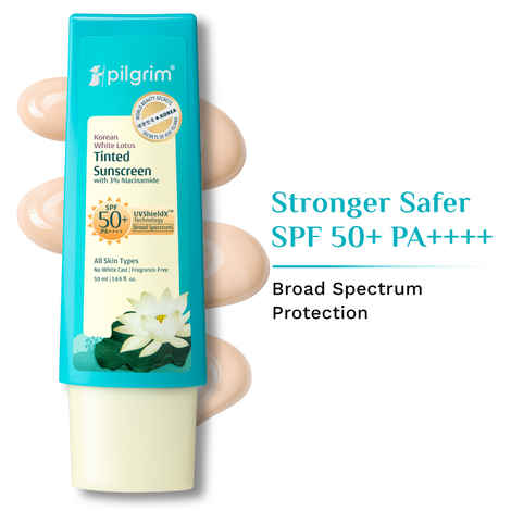 Buy Pilgrim Korean White Lotus Tinted Sunscreen SPF 50+ PA++++ Uv ShieldX Technology with 3% Niacinamide | No White Cast | Prevents Tanning & Brightens Skin Tone | UVA/B Protection | For All Skin Types - 50 ml - Purplle