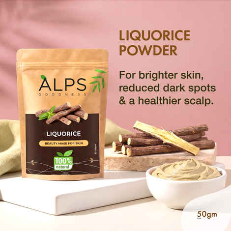 Alps Goodness Powder - Liquorice/ Mulethi (50 gm) | 100% Natural Powder | No Chemicals, No Preservatives, No Pesticides | Can be used for Hair Mask and Face Mask | De tan pack | Tan removal Pack | Pack for hydrating and soothing scalp