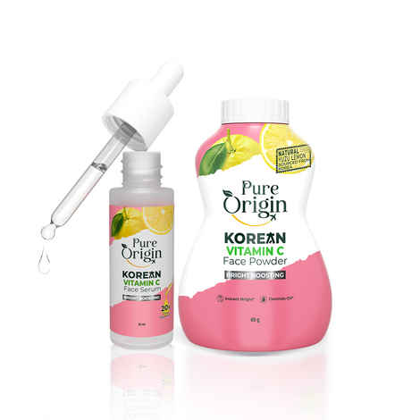Pure Origin Korean Vitamin C Lightweight Face Powder (60 gm) & Bright Boosting Face Serum (30 ml) Combo of 2 | Controls Oil, Fades Spots & Evens Tone | For All Skin Types